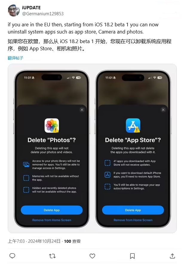 南靖苹果手机维修分享iOS 18.2 支持删除 App Store 应用商店 