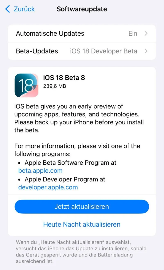 南靖苹果手机维修分享苹果 iOS / iPadOS 18 开发者预览版 Beta 8 发布 